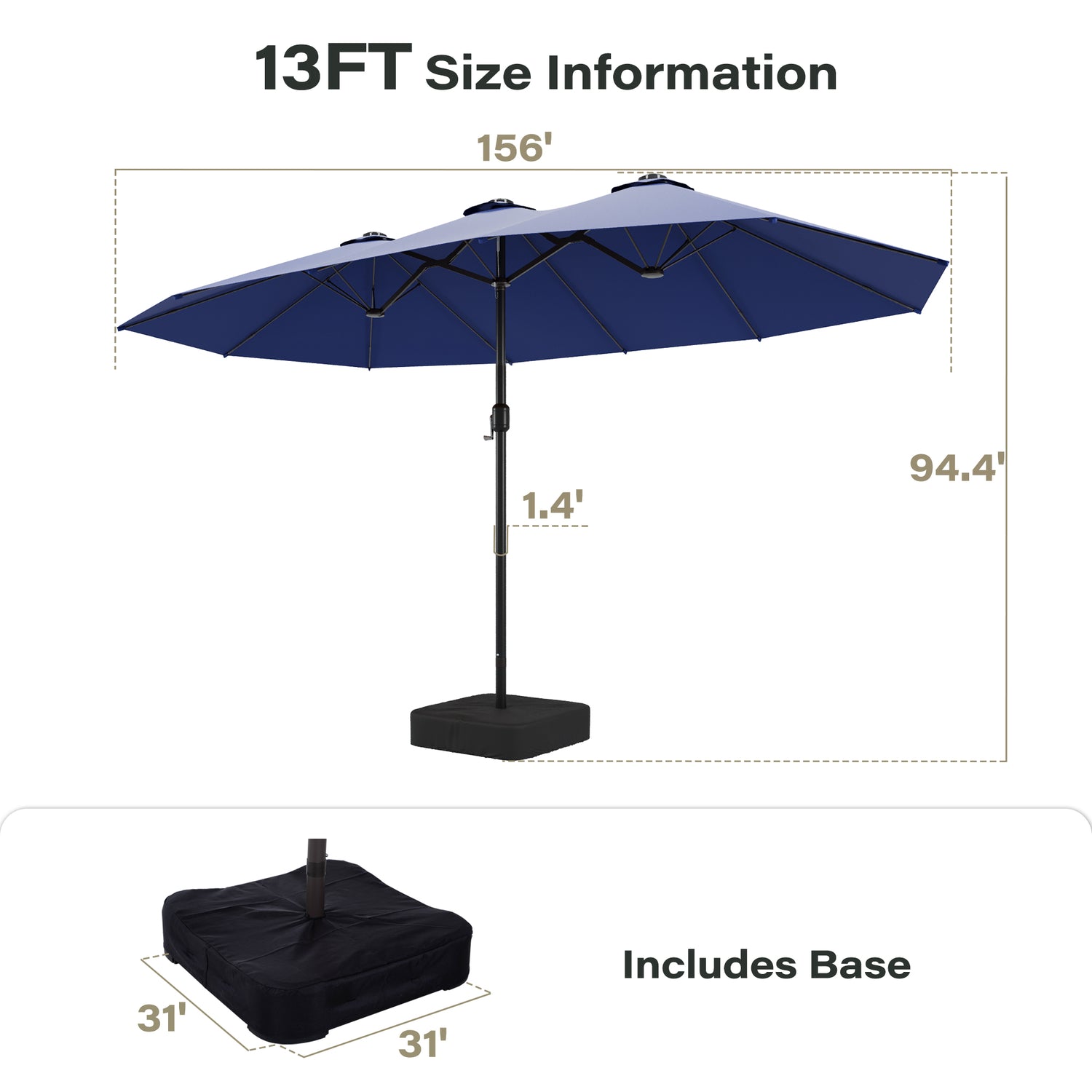 LAUSAINT HOME Large Double-Sided Rectangle Patio Umbrella with LED Light and Base, 13FT/15FT