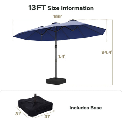LAUSAINT HOME Large Double-Sided Rectangle Patio Umbrella with LED Light and Base, 13FT/15FT