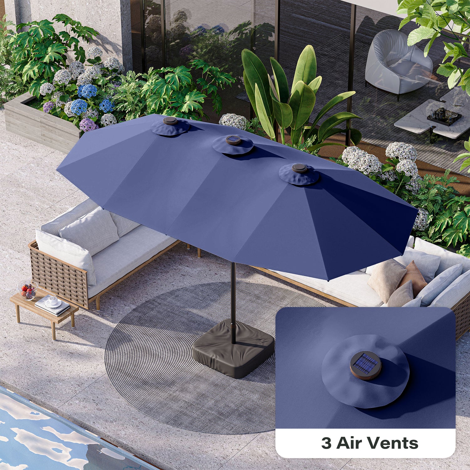 lausaint home outdoor patio umbrella LAUSAINT HOME Large Double-Sided Rectangle Patio Umbrella with LED Light and Base, 13FT/15FT