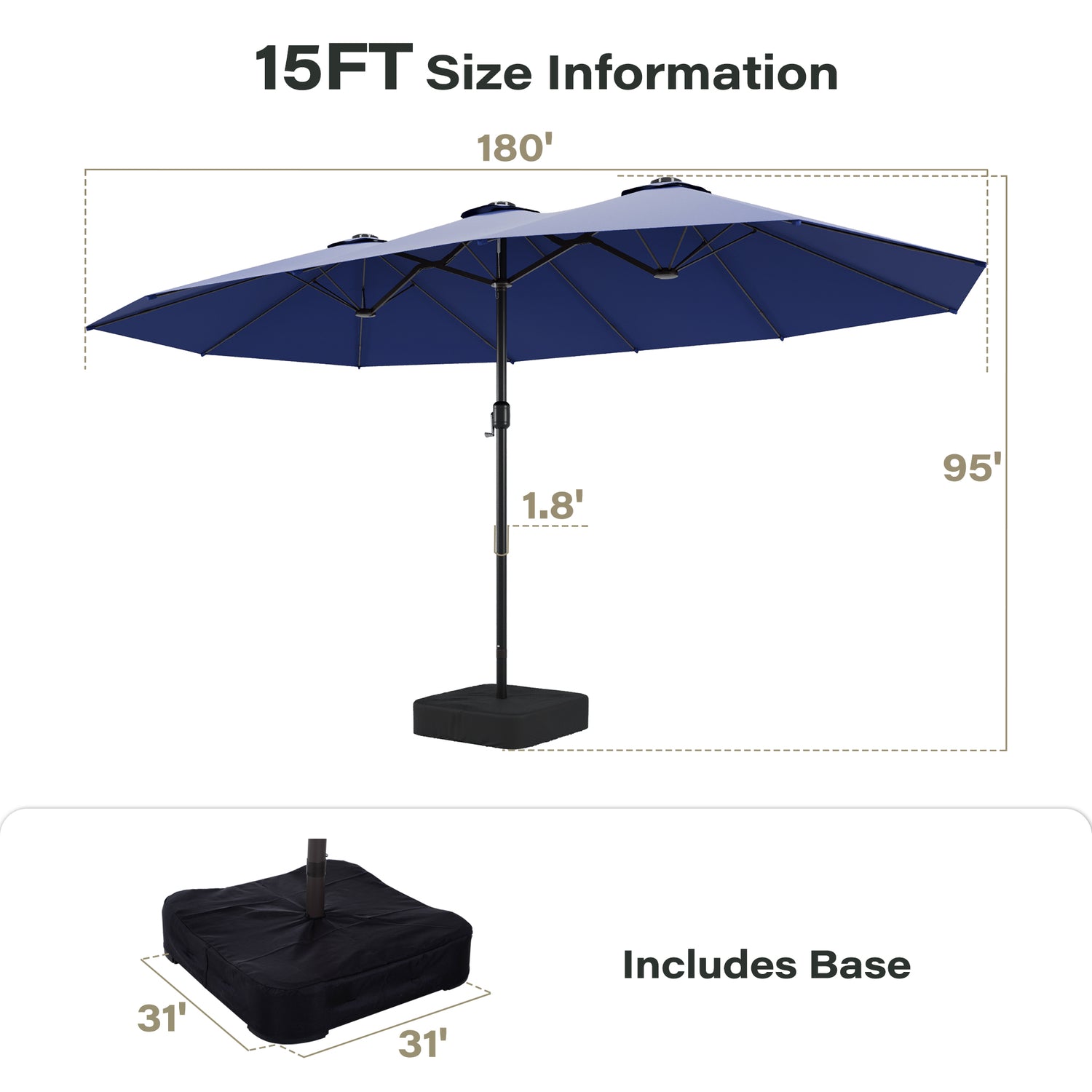 LAUSAINT HOME Large Double-Sided Rectangle Patio Umbrella with LED Light and Base, 13FT/15FT