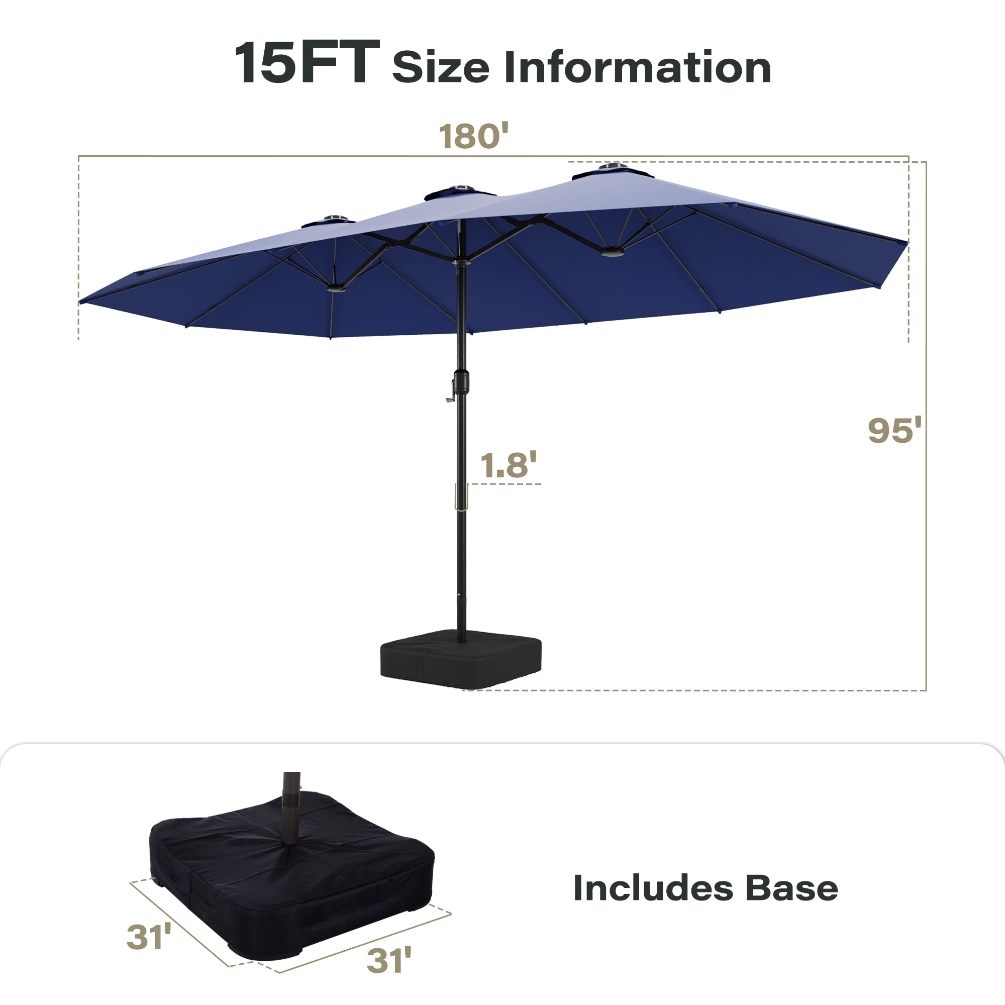 LAUSAINT HOME Large Double-Sided Rectangle Patio Umbrella with LED Light and Base, 13FT/15FT