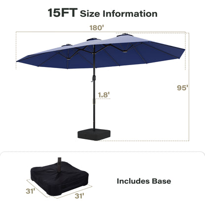 LAUSAINT HOME Large Double-Sided Rectangle Patio Umbrella with LED Light and Base, 13FT/15FT