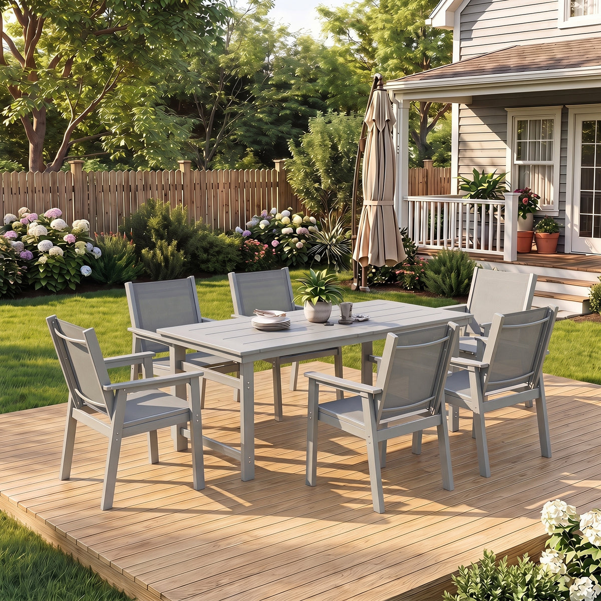 Lausaint Home 7-Piece Outdoor HDPE Dining Set with Textilene Chairs &amp; Umbrella Hole Table