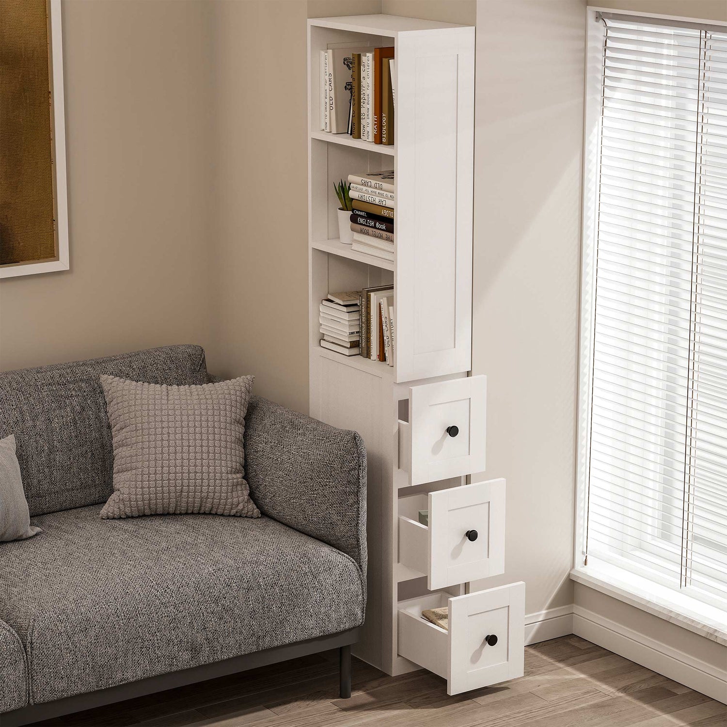 Bathroom Storage Cabinet Tall Thin White Cabinet with 3 Adjustable Shelves