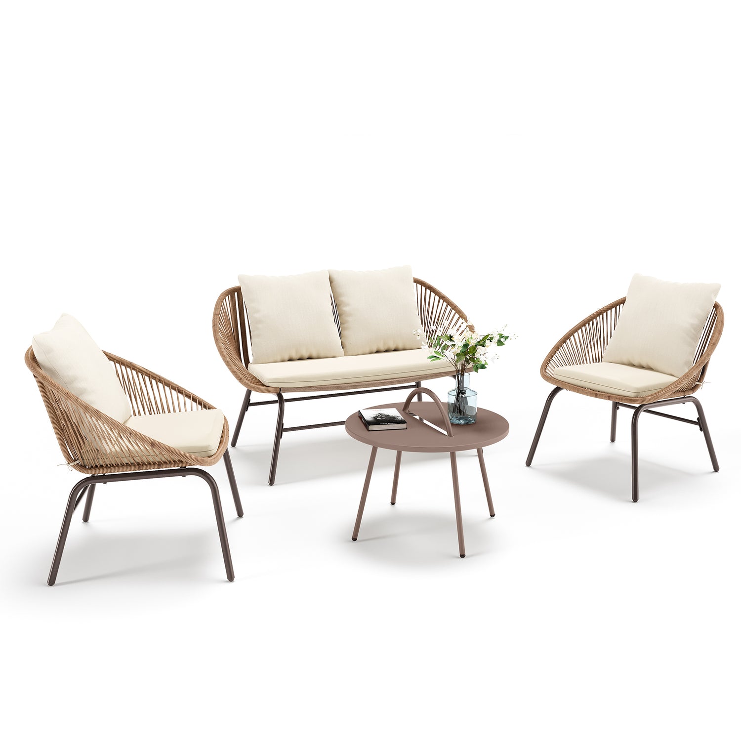 4-Piece Bohemian Patio Conversation Set, Rope Woven Furniture