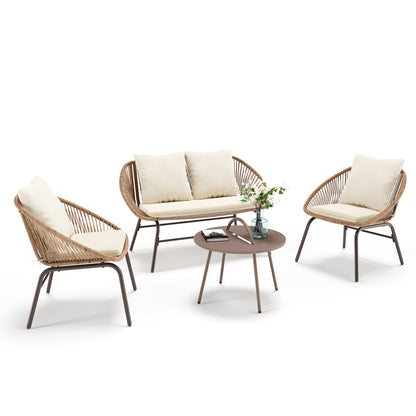 4-Piece Bohemian Patio Conversation Set, Rope Woven Furniture