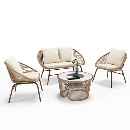 4-Piece Bohemian Patio Conversation Set, Rope Woven Furniture