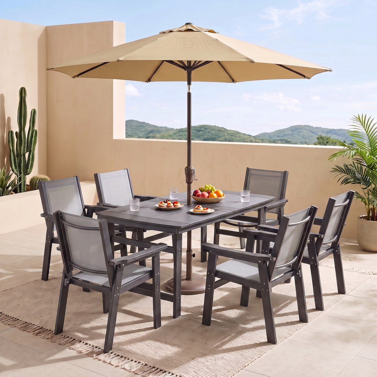 Lausaint Home 7-Piece Outdoor HDPE Dining Set with Textilene Chairs &amp; Umbrella Hole Table