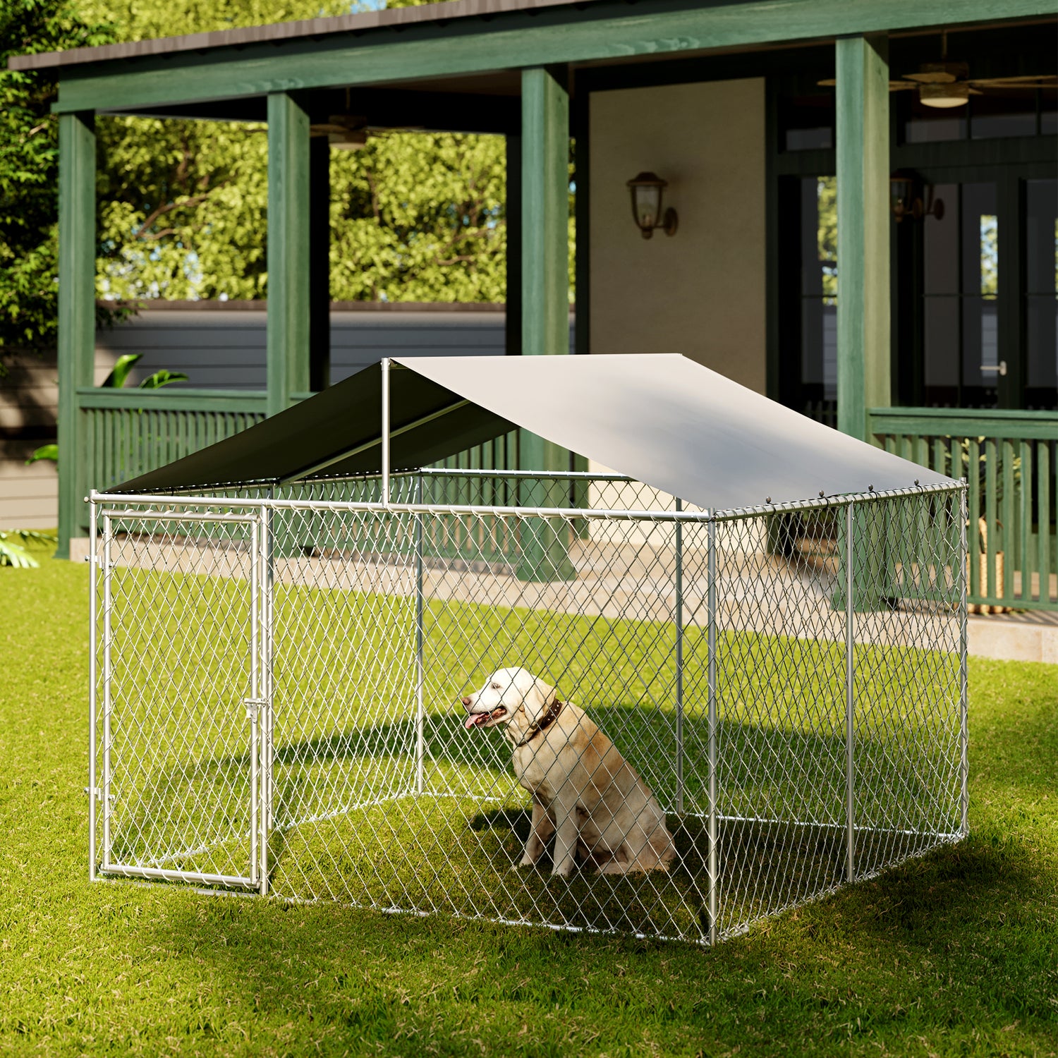 LAUSAINT HOME Large Outdoor Dog Kennel, Galvanized Steel Dog Run Cage Enclosure for Backyard