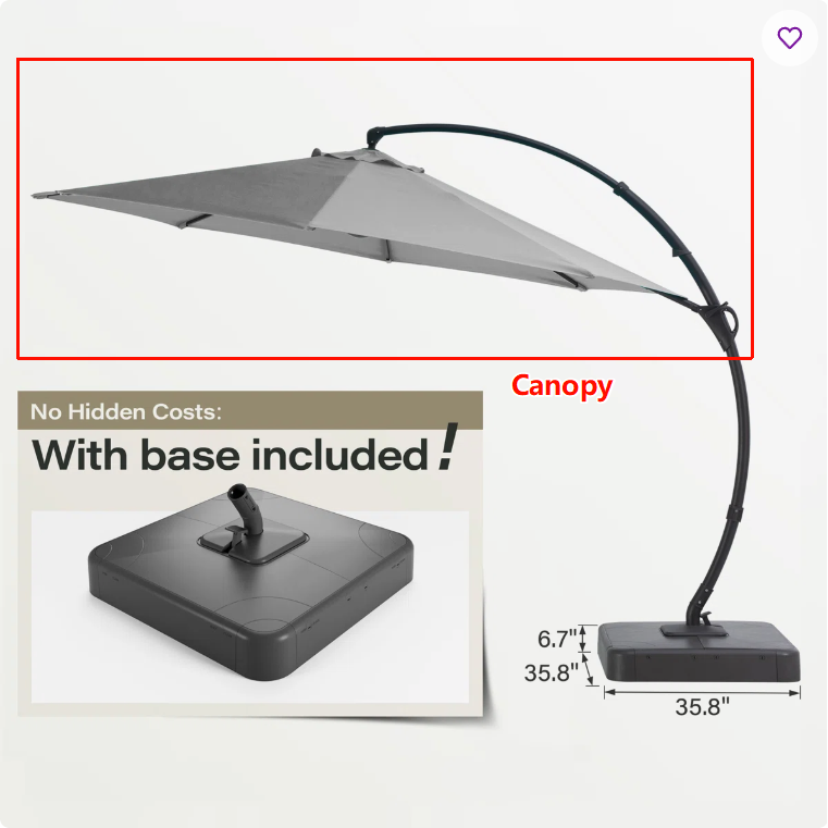 Cantilever Umbrella Accessories: Canopy， Base.