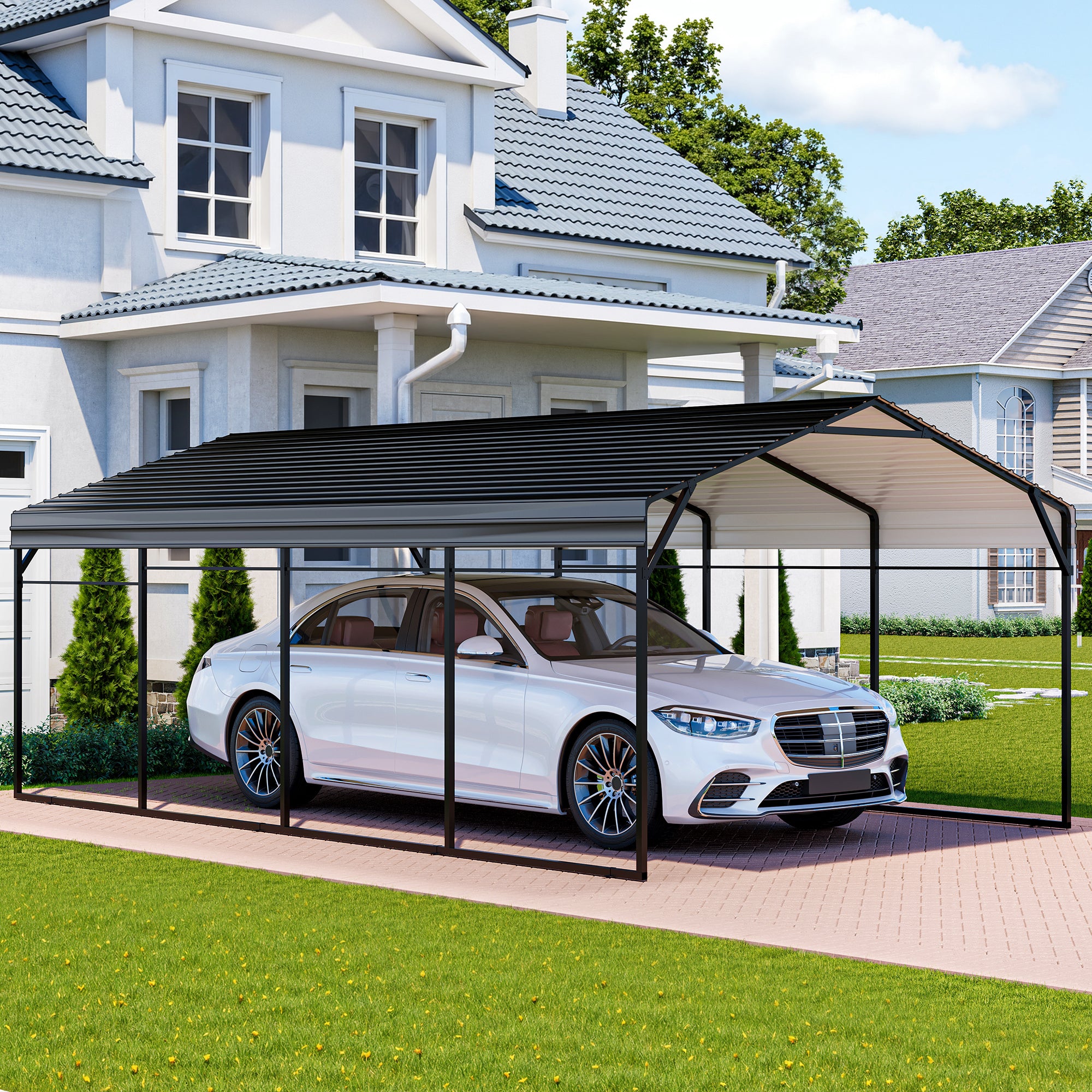 LAUSAINT HOME 12x20 FT Metal Carport Enhanced Base Heavy Duty Garage Car Shelter