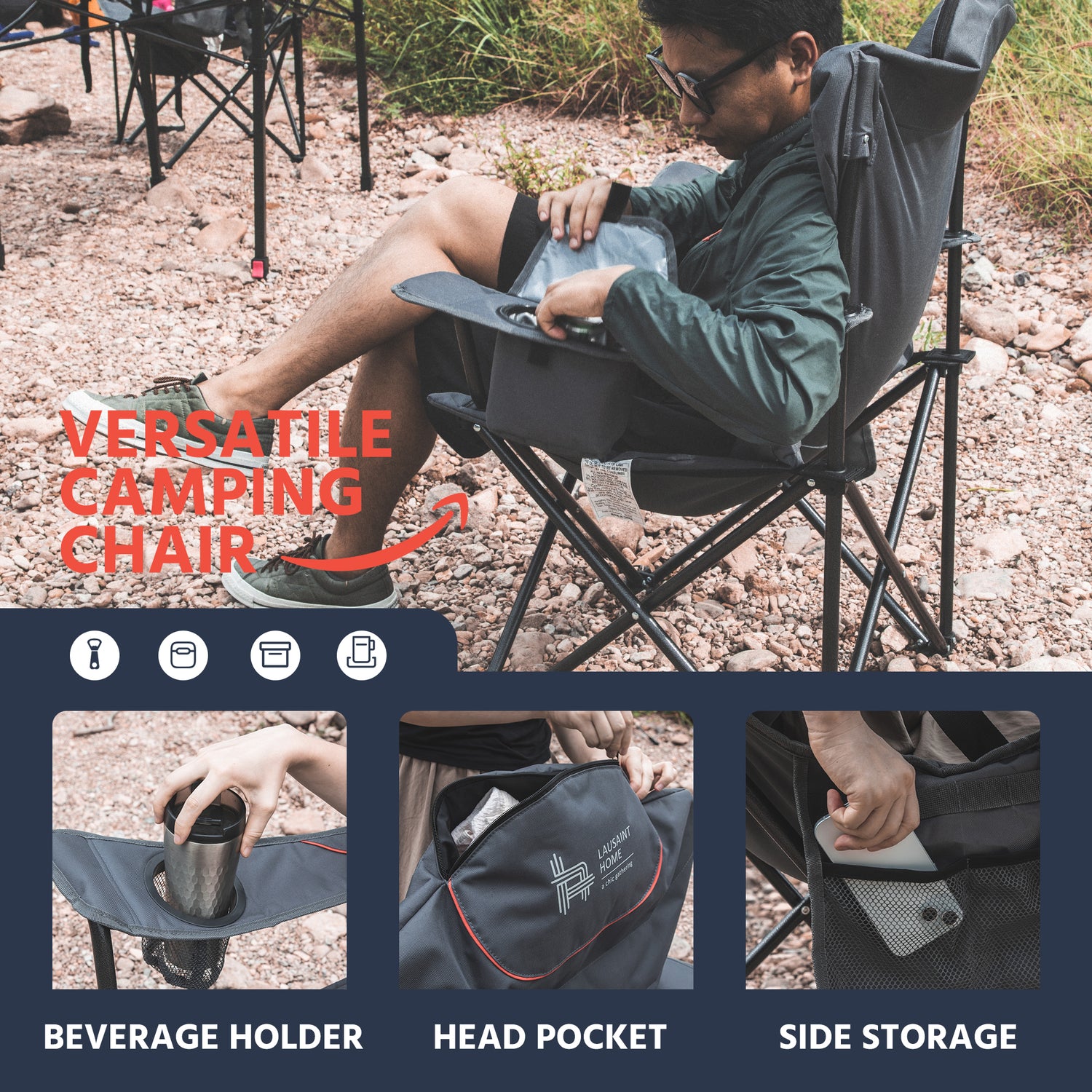 Lausaint Home Portable Folding Camping Chair Support up to 300 LBS