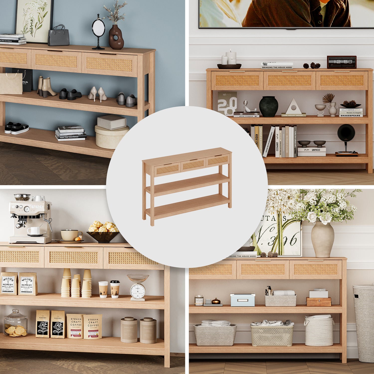 LAUSAINT HOME Narrow Console Table, 51" Entryway Table with 3 Rattan Drawers