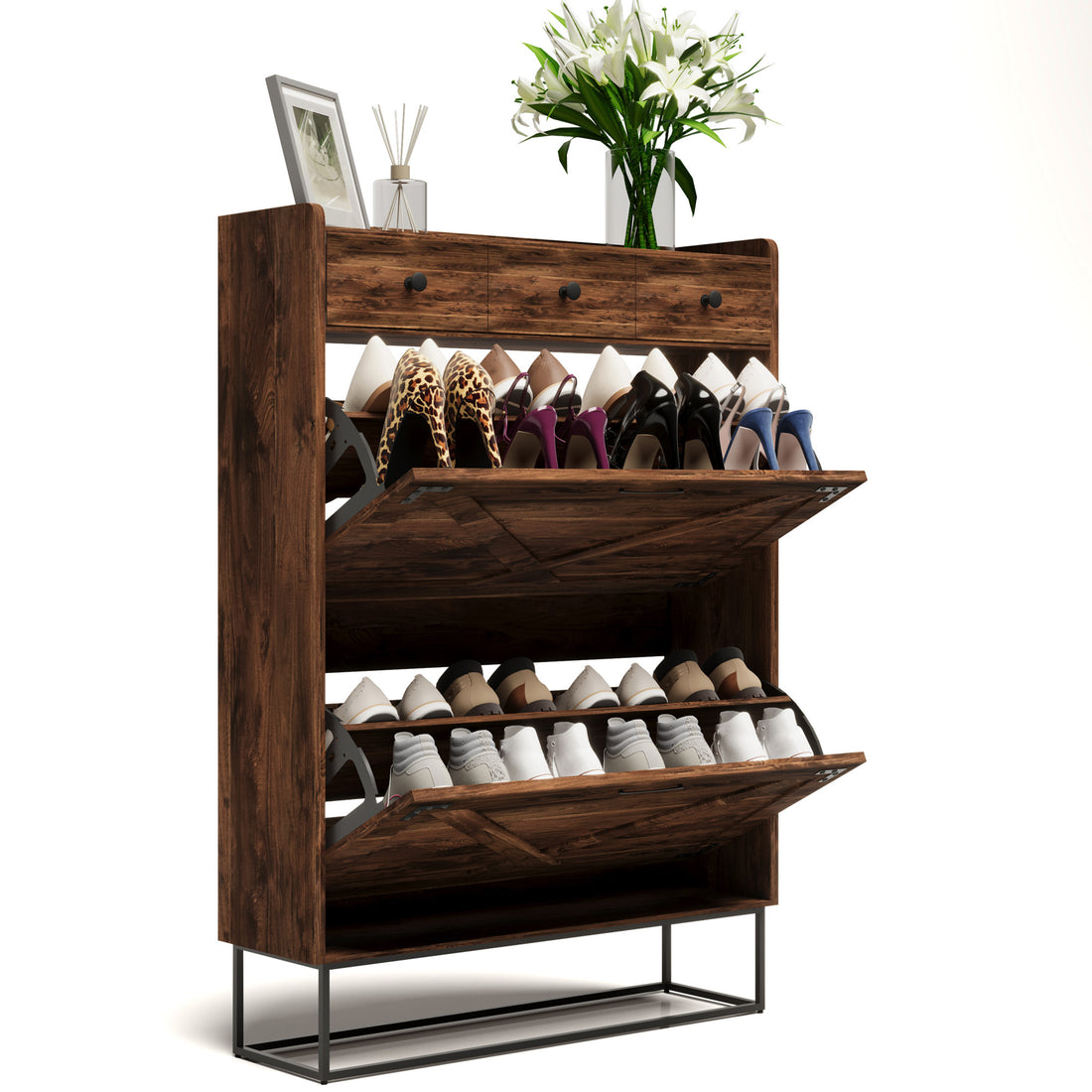 LAUSAINT HOME Shoe Storage Cabinet with 2 Flip Drawers & 3 Drawers