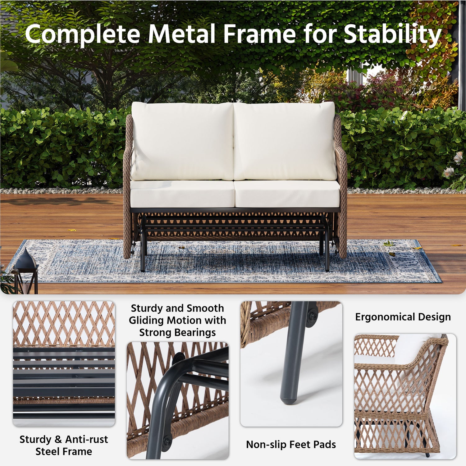 LAUSAINT HOME 2 Person Outdoor Ratten Patio Swing Glider with Cushion