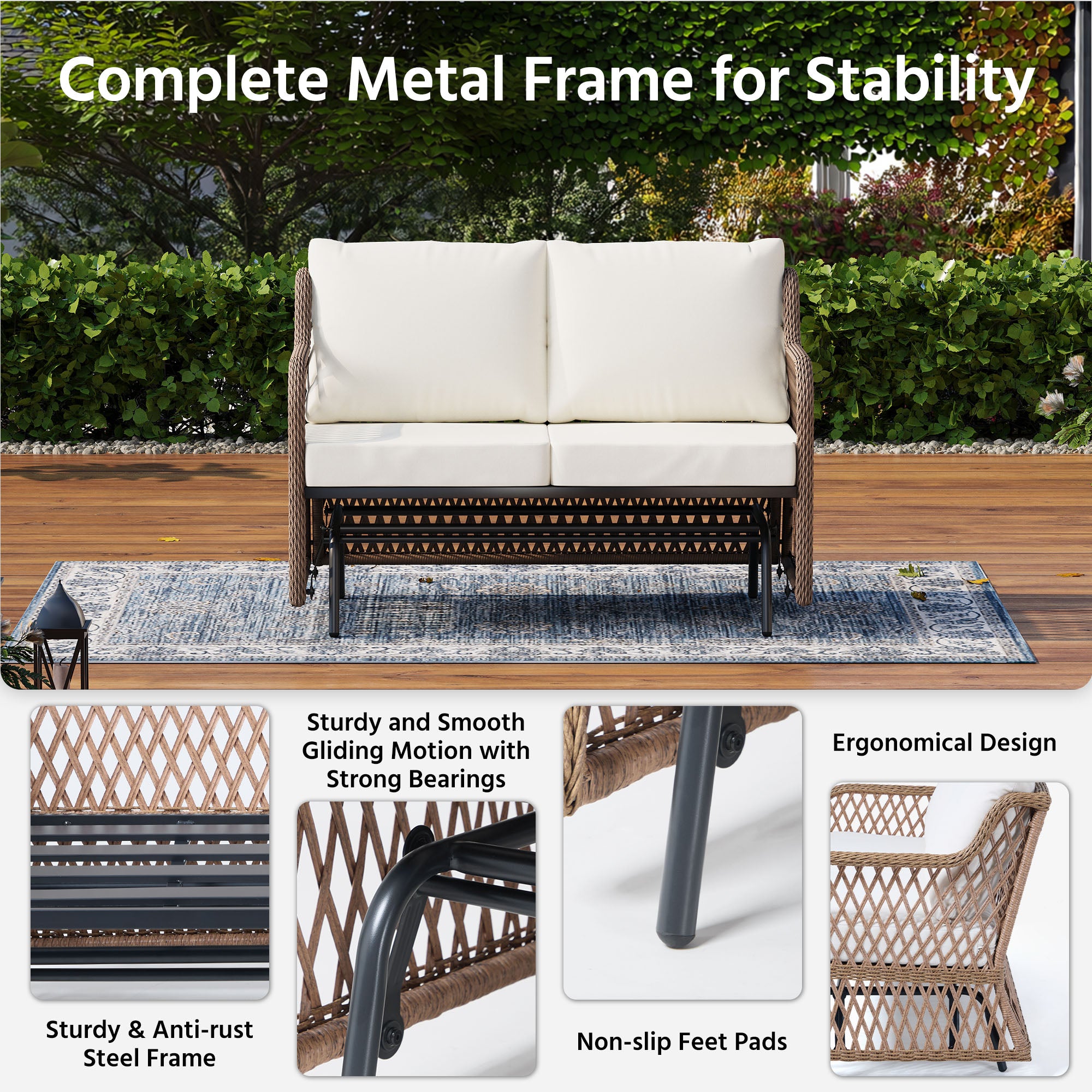 LAUSAINT HOME 2 Person Outdoor Ratten Patio Swing Glider with Cushion