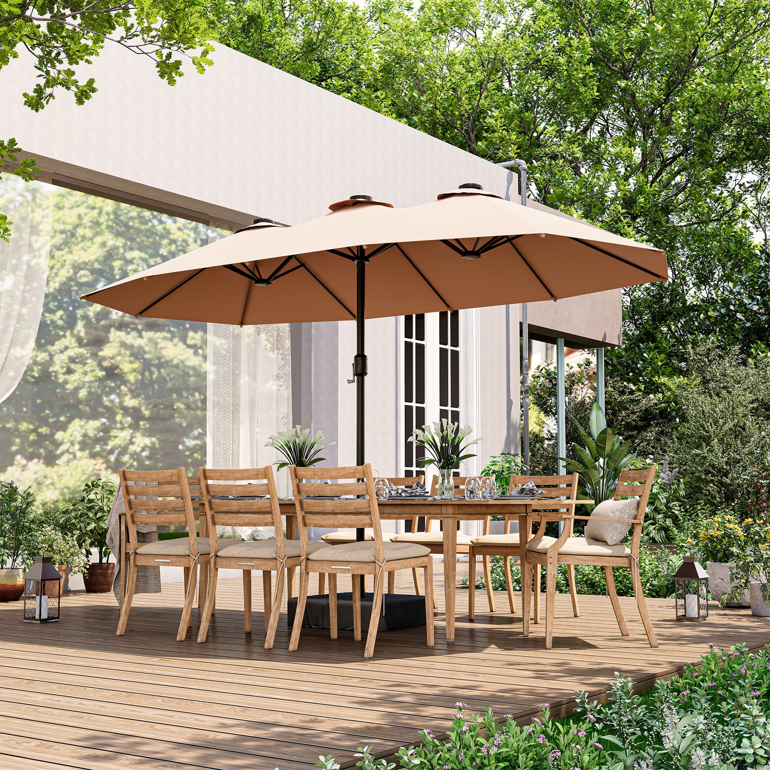 LAUSAINT HOME Large Double-Sided Rectangle Patio Umbrella with LED Light and Base, 13FT/15FT