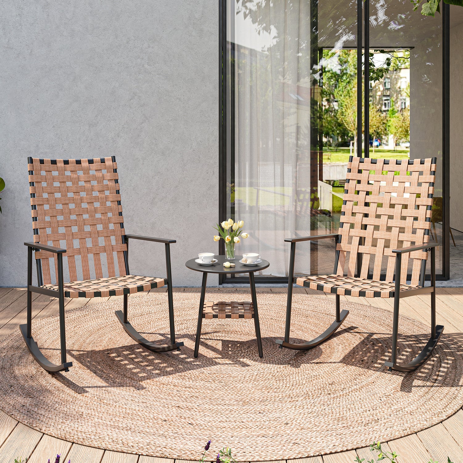 3-Piece Outdoor Rocking Chair Set with High-Back