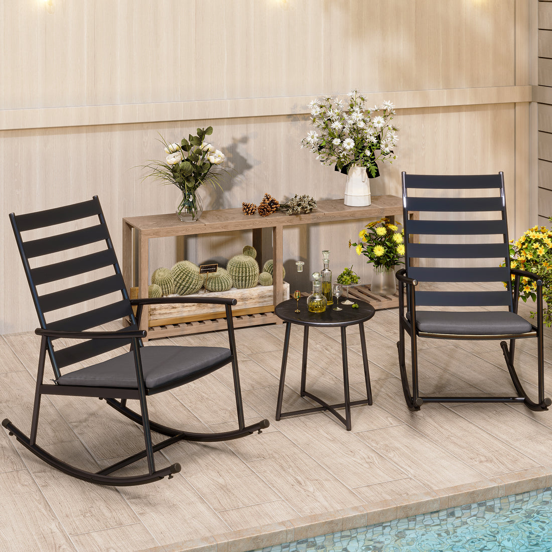 3-Piece Outdoor Rocking Bistro Set with Cushions