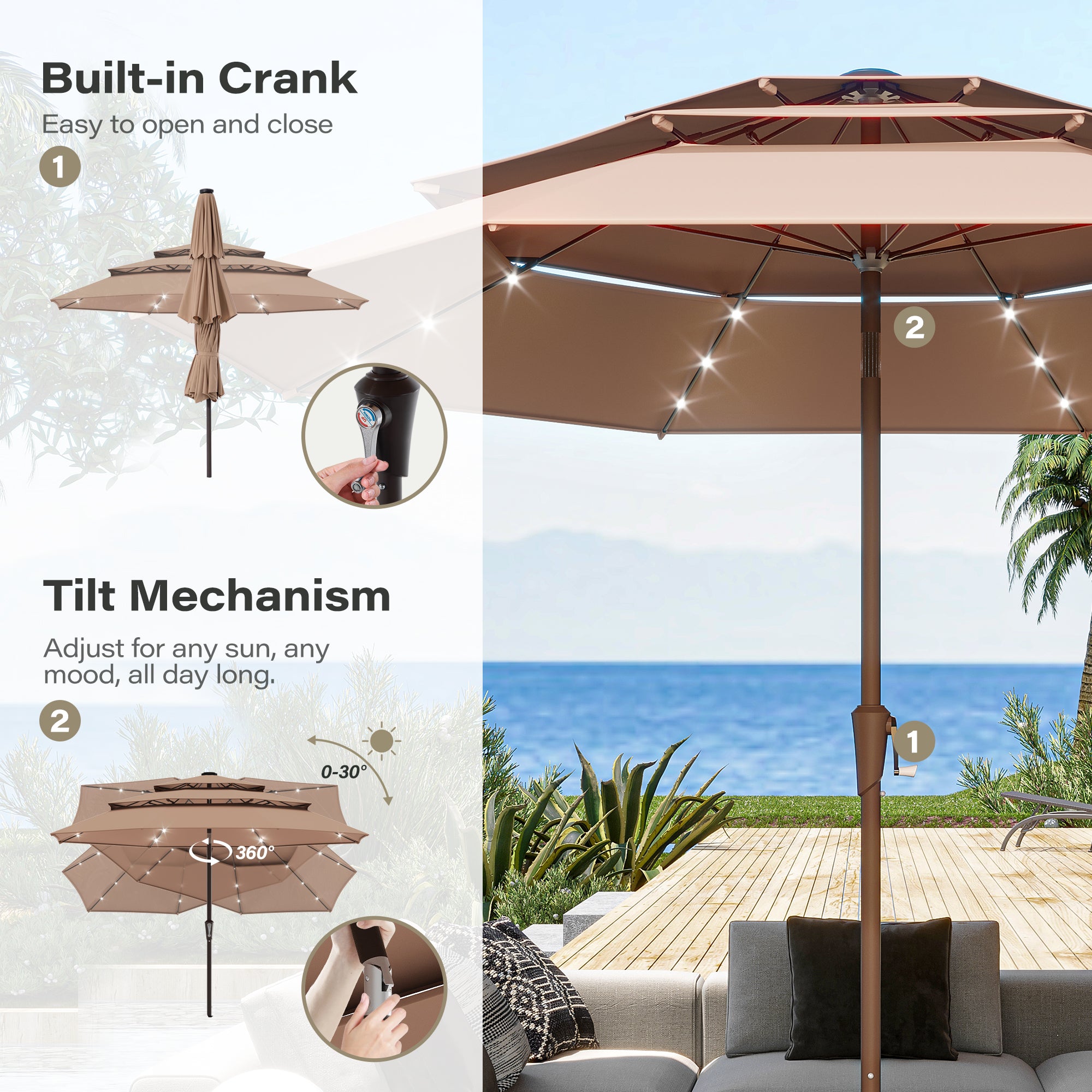 10ft 3 Tier Patio Umbrella with Solar Lights