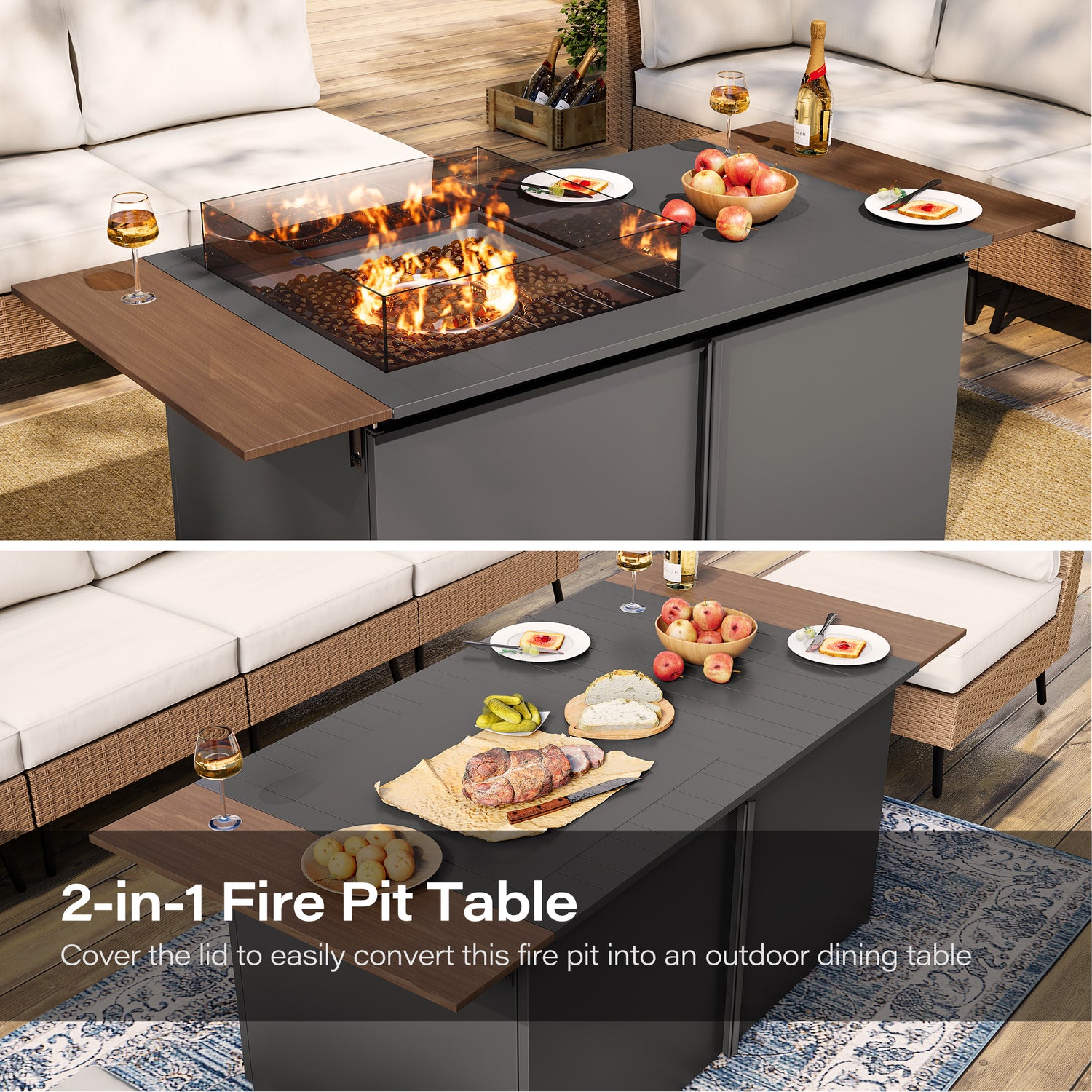 64&quot; Gas Fire Pit Table with expandable Tabletop, 55,000 BTU