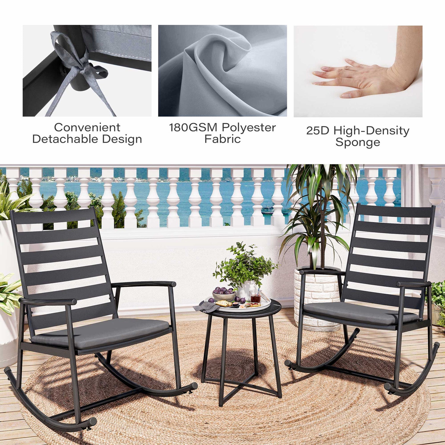 3-Piece Outdoor Rocking Bistro Set with Cushions