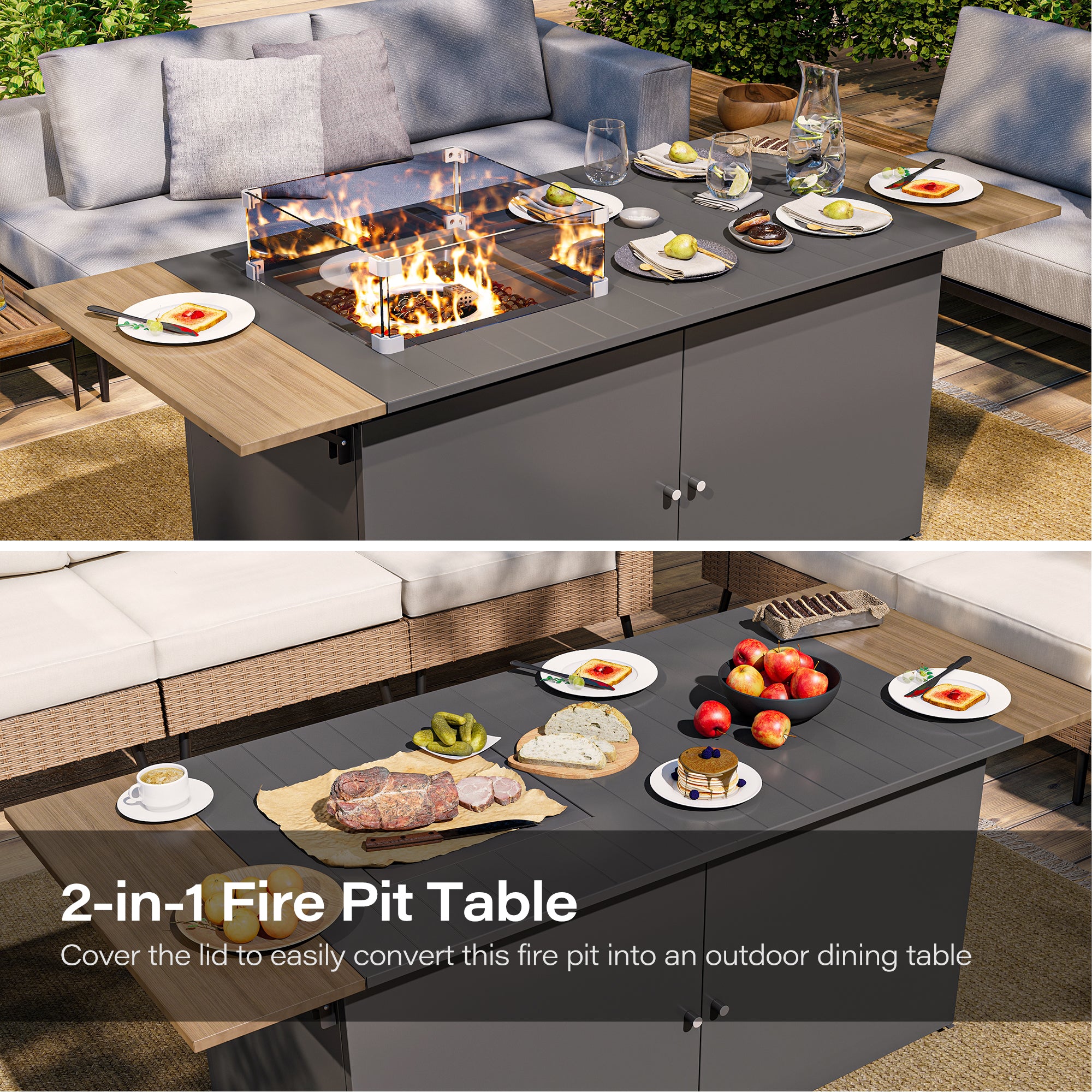 LAUSAINT HOME 64 Inch Outdoor Fire Pit Table 55,000 BTU Gas Fire Pit with Lid with Glass Wind Guard for Outside Patio