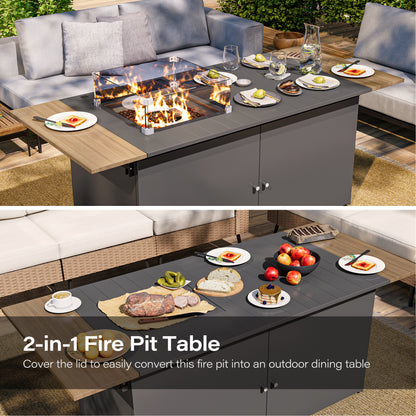 LAUSAINT HOME 64 Inch Outdoor Fire Pit Table 55,000 BTU Gas Fire Pit with Lid with Glass Wind Guard for Outside Patio