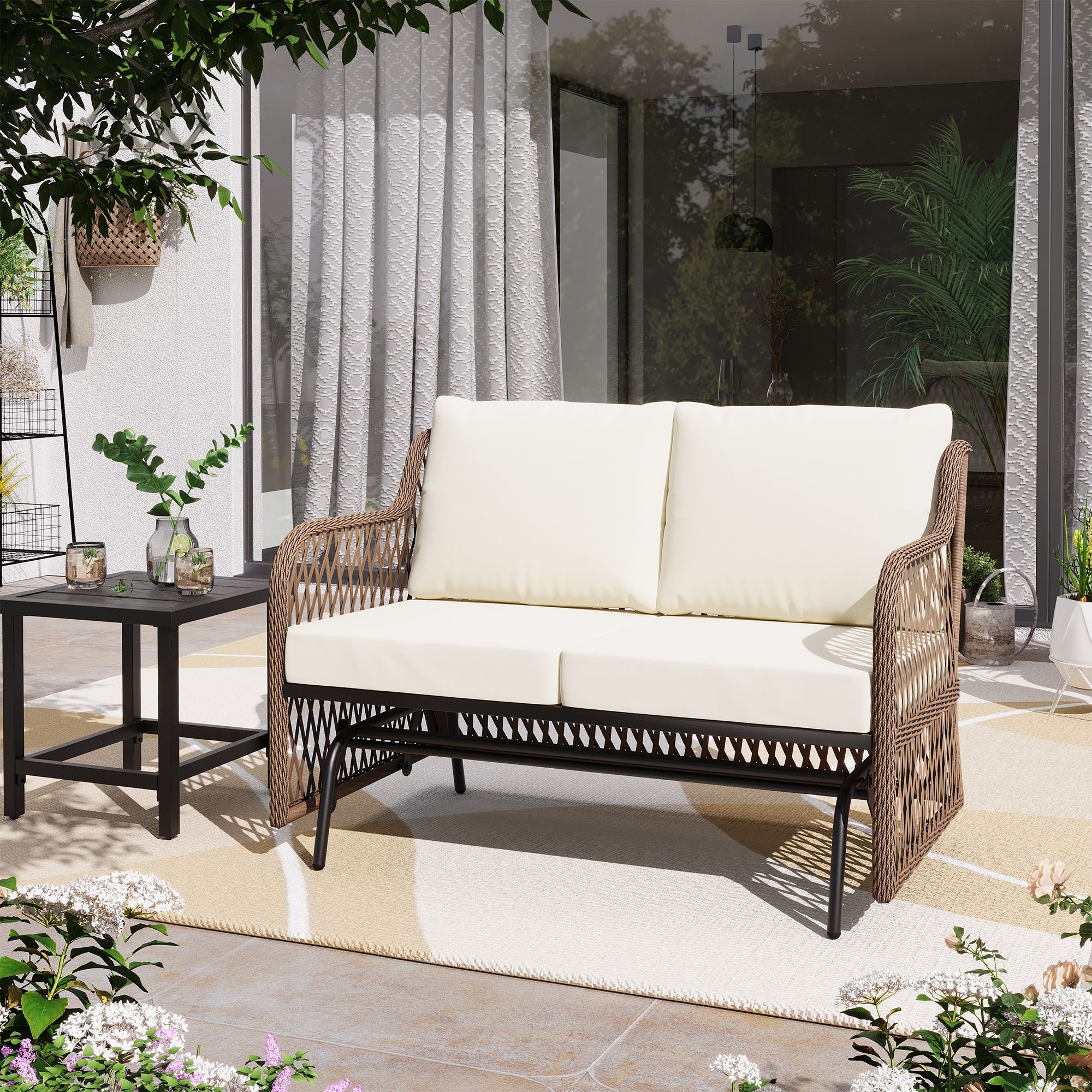 LAUSAINT HOME 2 Person Outdoor Ratten Patio Swing Glider with Cushion