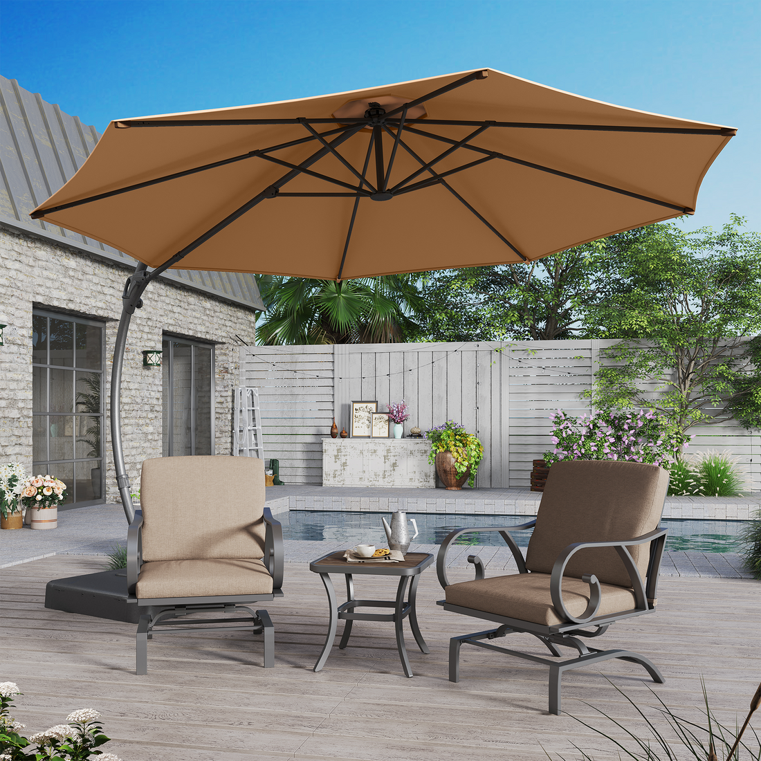 LAUSAINT HOME 10 Ft Outdoor Patio Umbrella with Base included, Deluxe Curvy Cantilever Umbrella, 360° Rotation