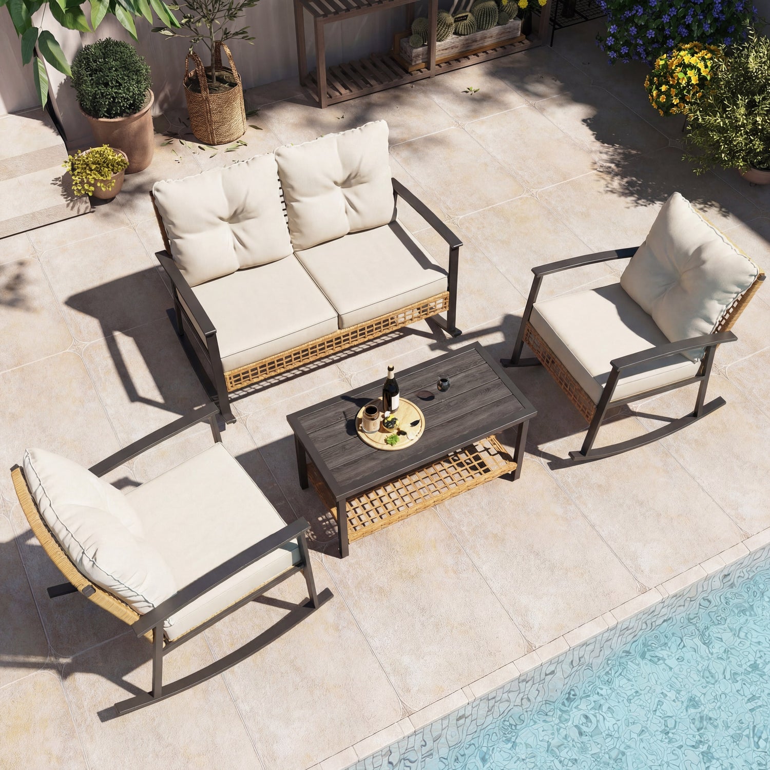 LAUSAINT HOME 4-piece Rattan Conversation Set Comfortable Oversized Outdoor Furniture Set for Backyard