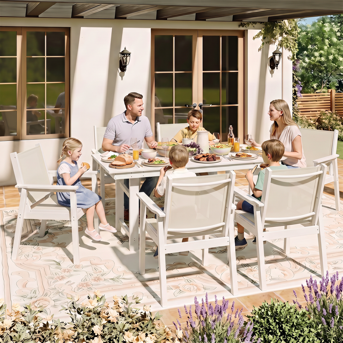Lausaint Home 7-Piece Outdoor HDPE Dining Set with Textilene Chairs &amp; Umbrella Hole Table
