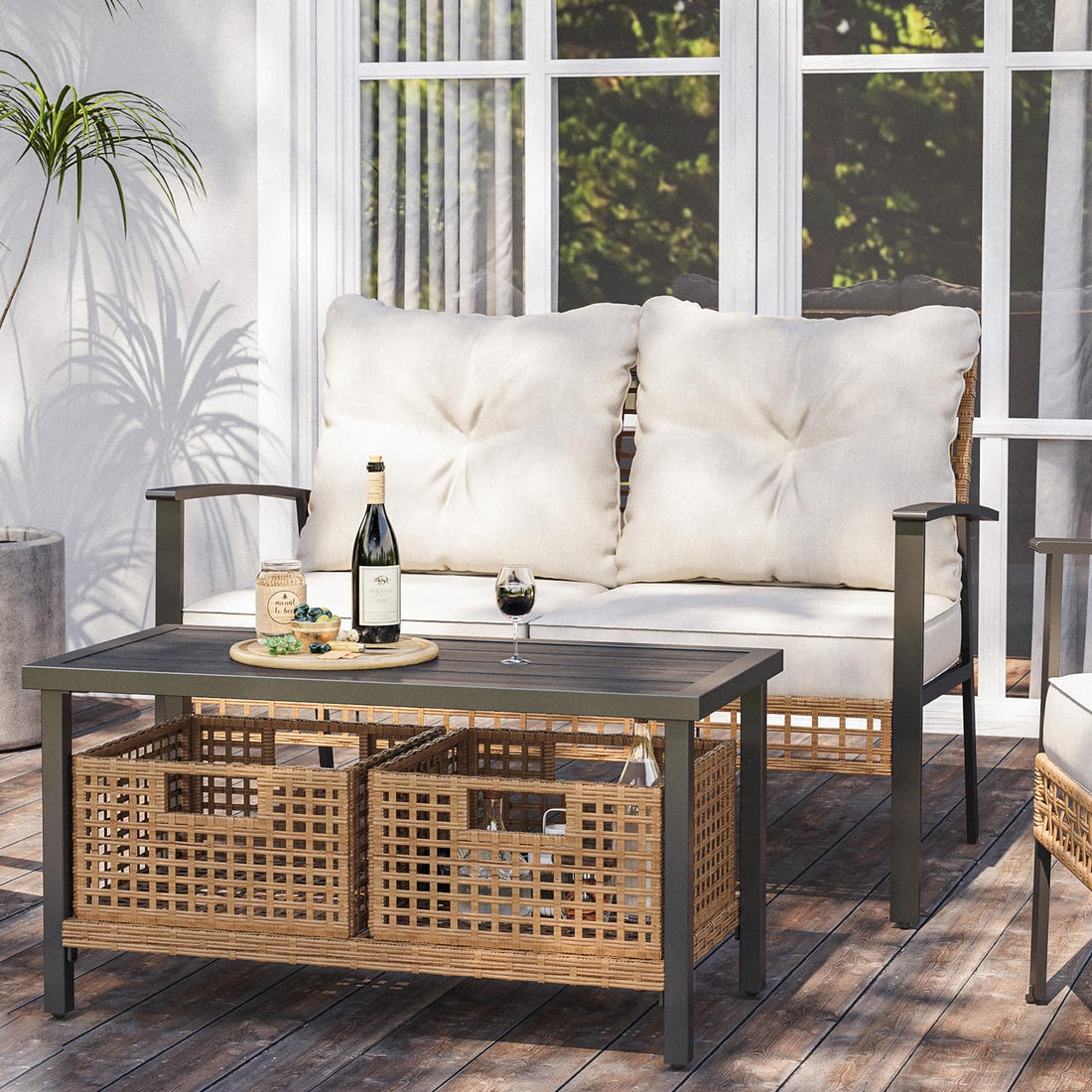 LAUSAINT HOME Outdoor Rattan Bistro Set, 1 Loveseat and 1 Coffee Table