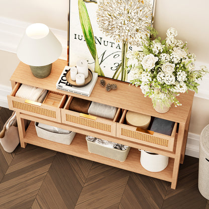 LAUSAINT HOME Narrow Console Table, 51" Entryway Table with 3 Rattan Drawers