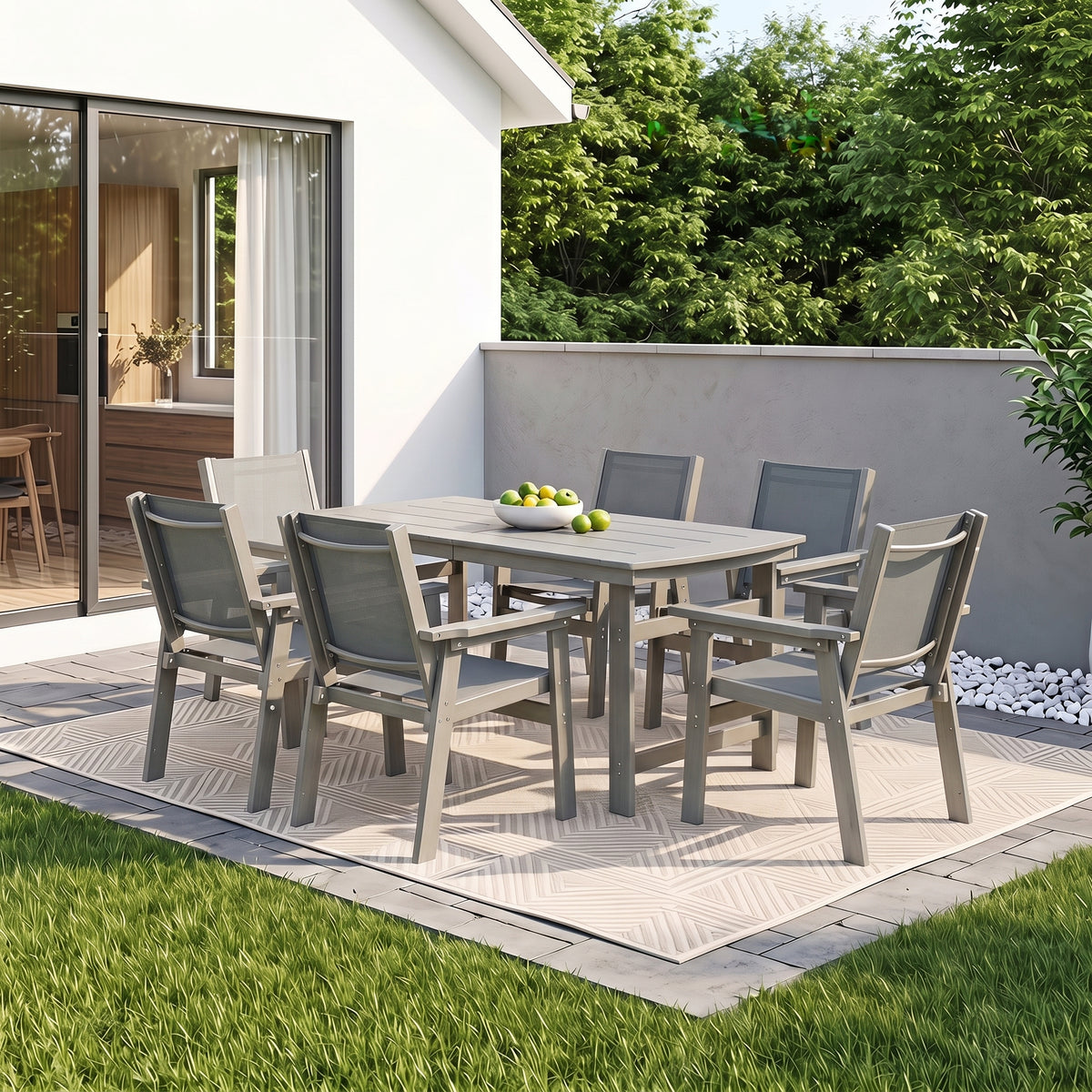 Lausaint Home 7-Piece Outdoor HDPE Dining Set with Textilene Chairs &amp; Umbrella Hole Table