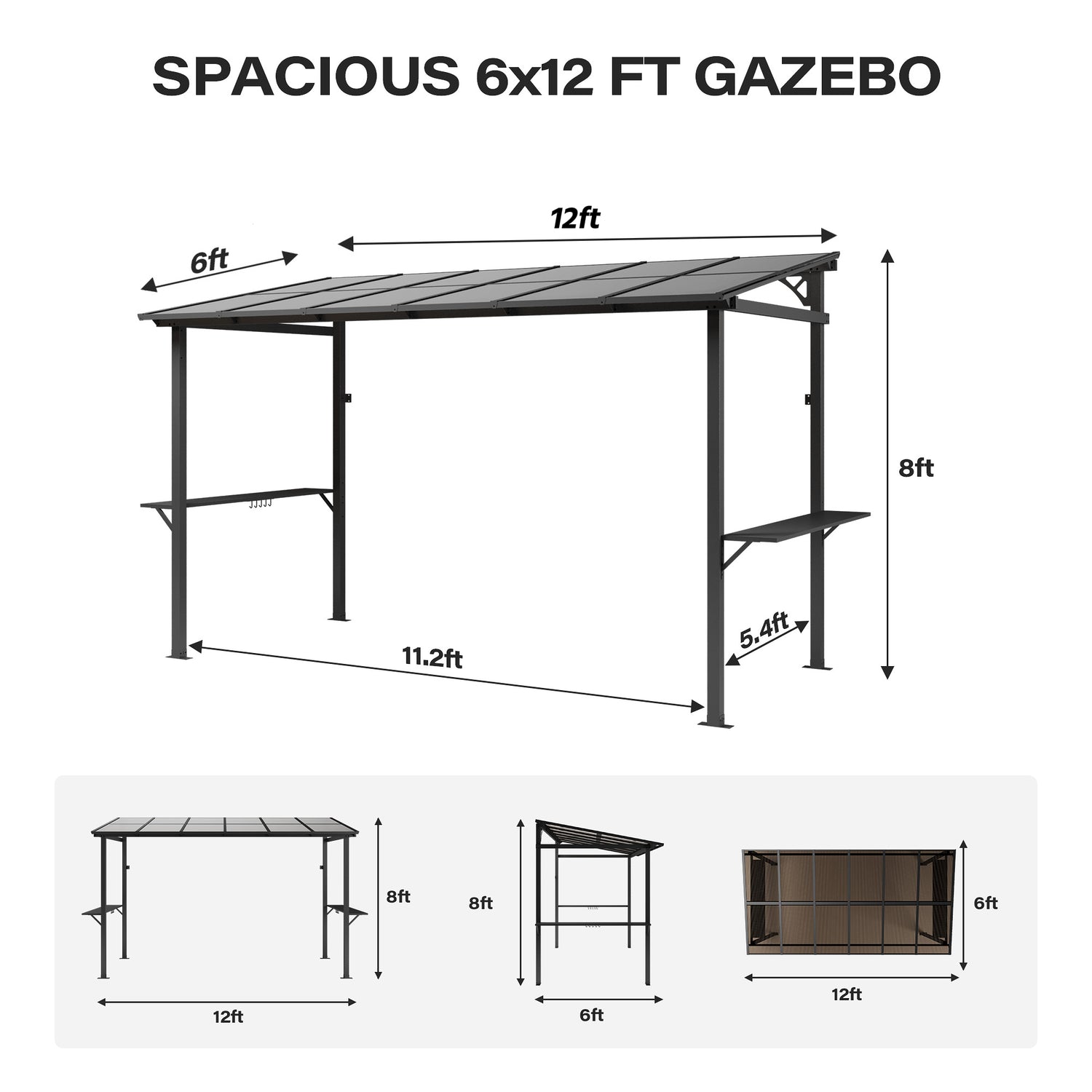 LAUSAINT HOME 12x6 ft Hardtop Grill Gazebo Sloping PC Roof BBQ Patio Metal Gazebo