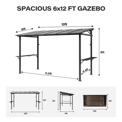 LAUSAINT HOME 12x6 ft Hardtop Grill Gazebo Sloping PC Roof BBQ Patio Metal Gazebo