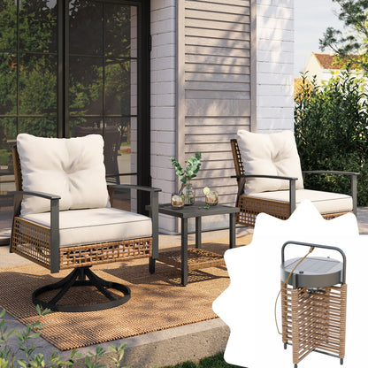 3 Pieces Outdoor Swivel Chair Set with Outdoor Solar Table Lamp