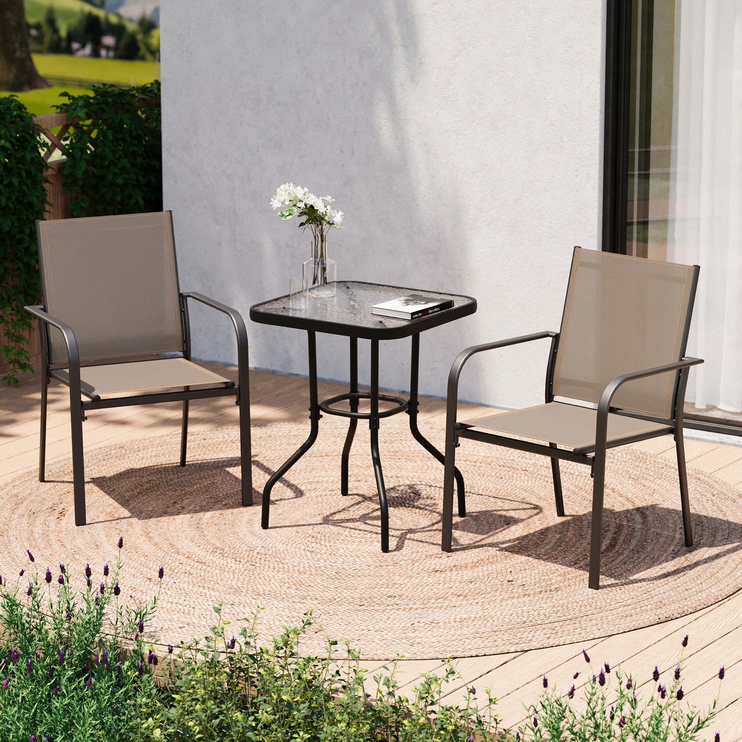 3-Piece Outdoor Textilene Fabric Bar Set with Patio Table and Chairs