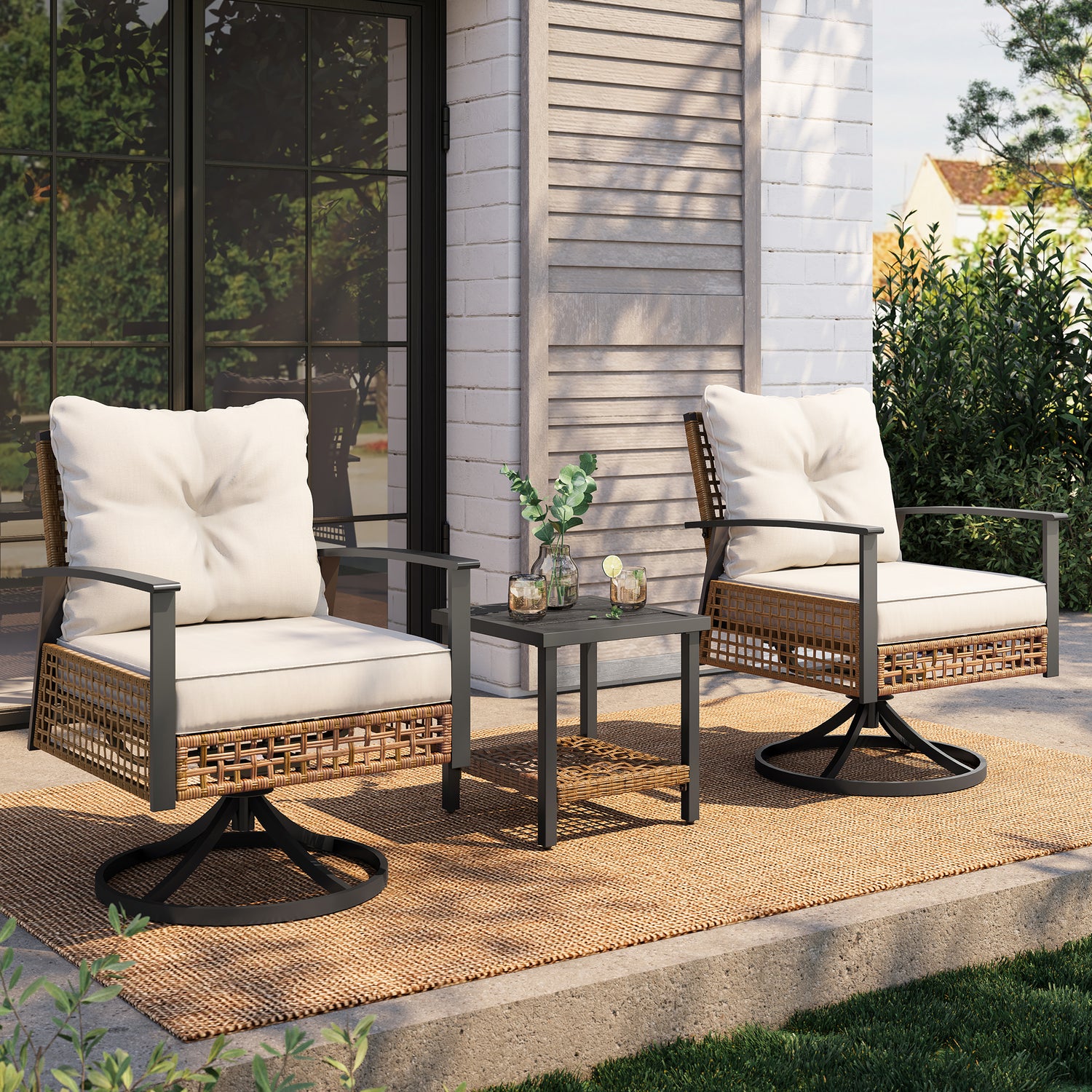 3 Pieces Outdoor Swivel Chair Set with Outdoor Solar Table Lamp