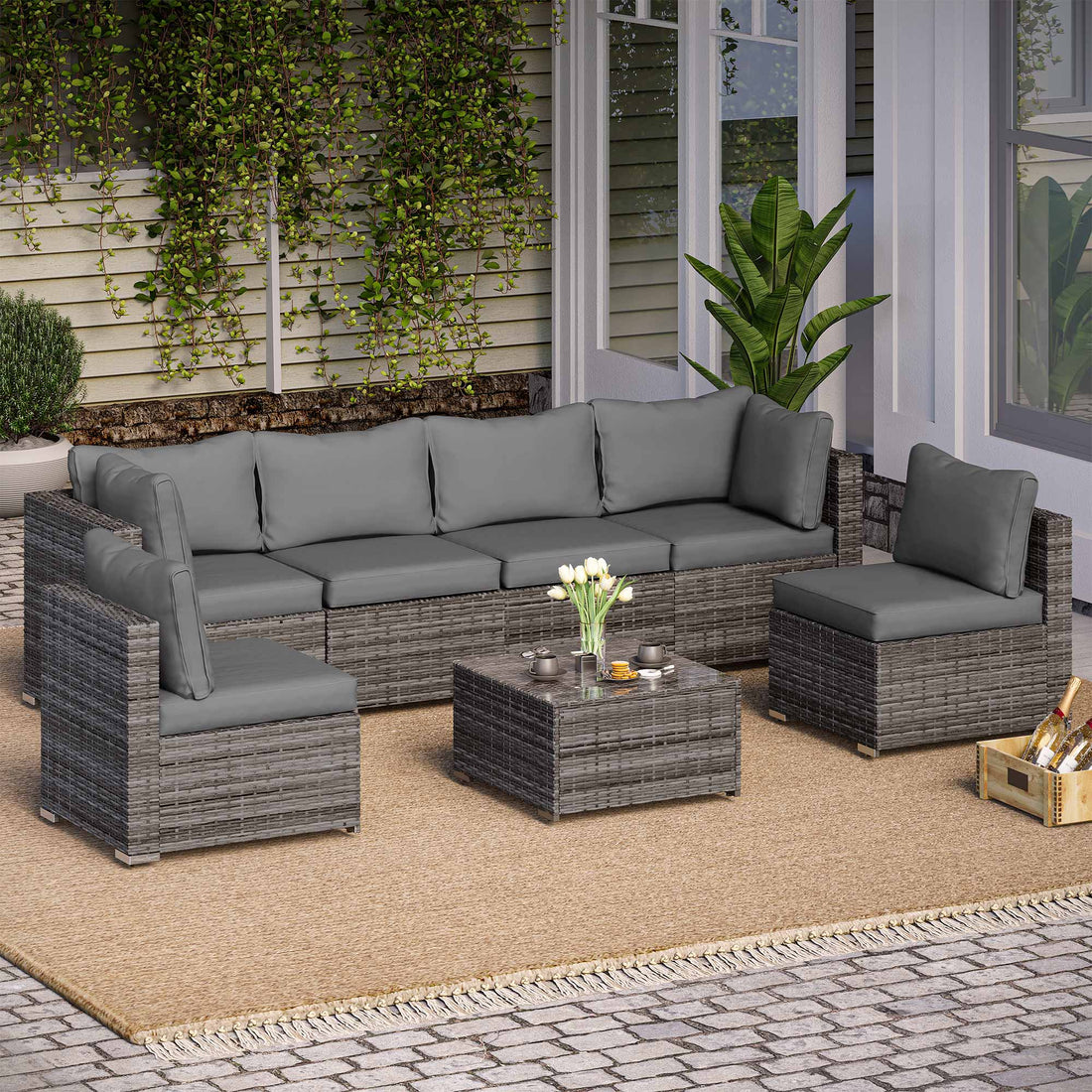 LAUSAINT HOME 7-Piece Wicker Conversation Set with Gray Cushions