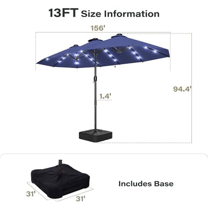LAUSAINT HOME Large Double-Sided Rectangle Patio Umbrella with LED Light and Base, 13FT/15FT
