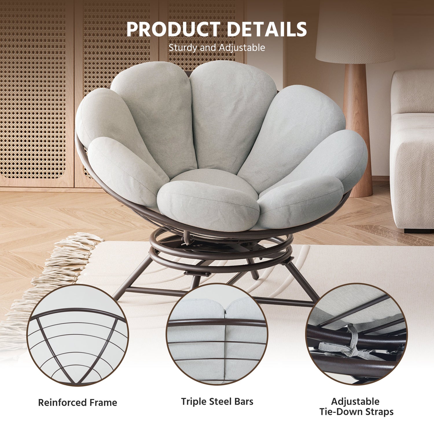 LAUSAINT HOME 40&quot; Wicker Papasan Chair with 360° Swivel Base