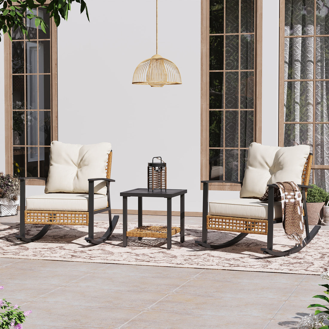 3 Pieces Rocking Bistro Set with Outdoor Solar Table Lamp