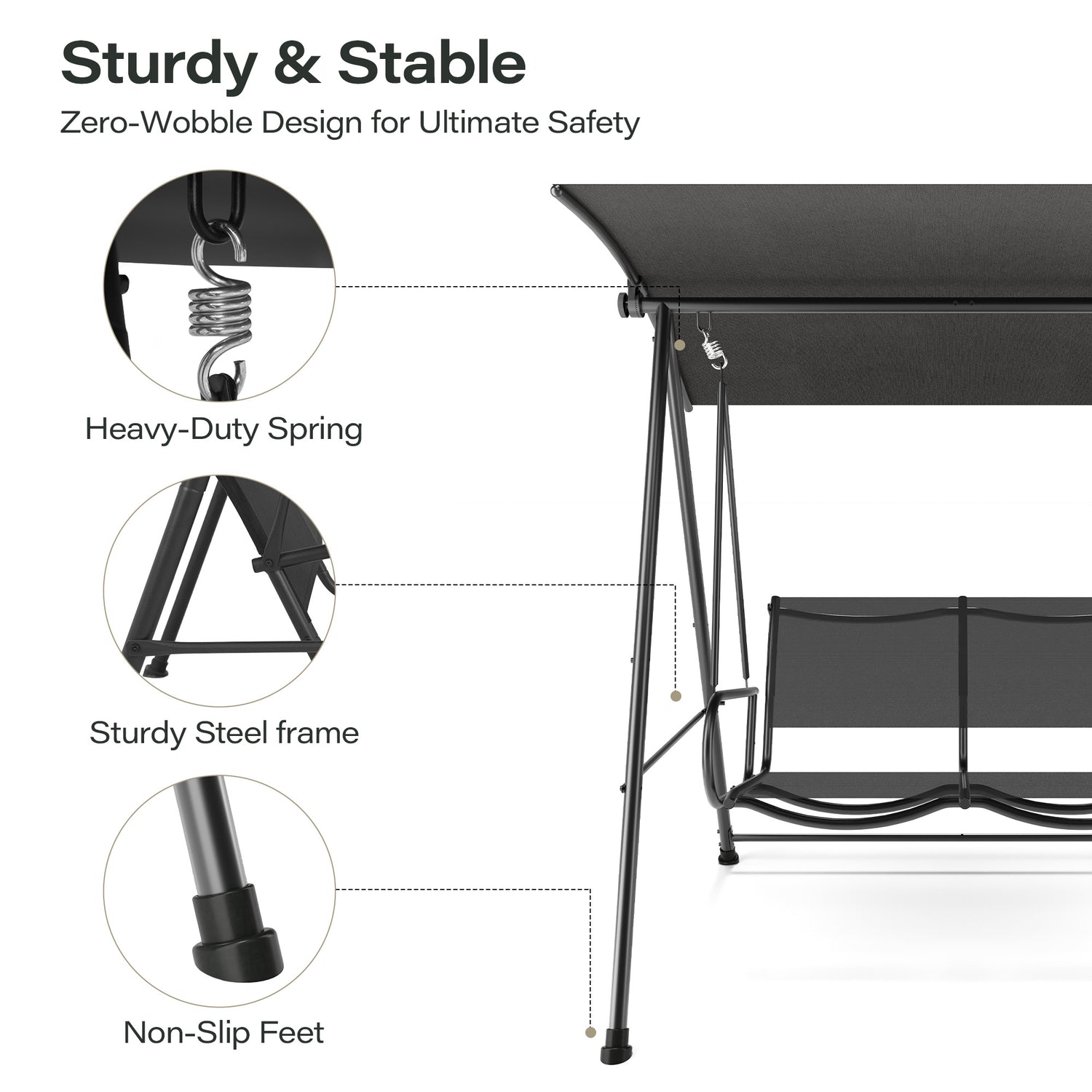 LAUSAINT HOME 3-Seat Outdoor Patio Swing Chair with Adjustable Arc Canopy
