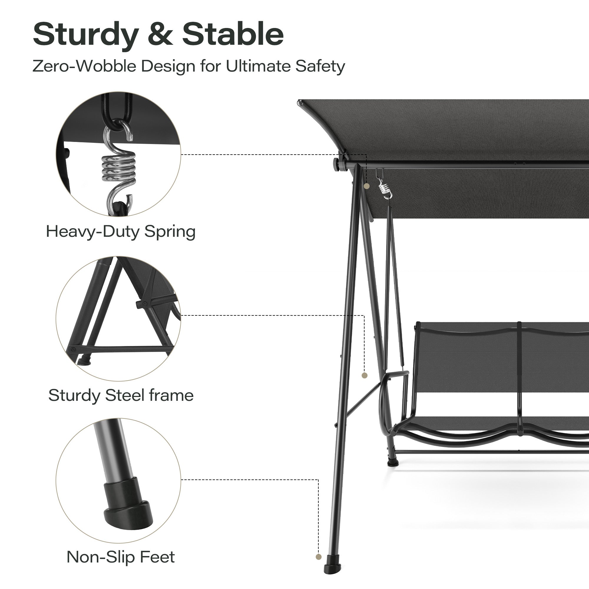 LAUSAINT HOME 3-Seat Outdoor Patio Swing Chair with Adjustable Arc Canopy