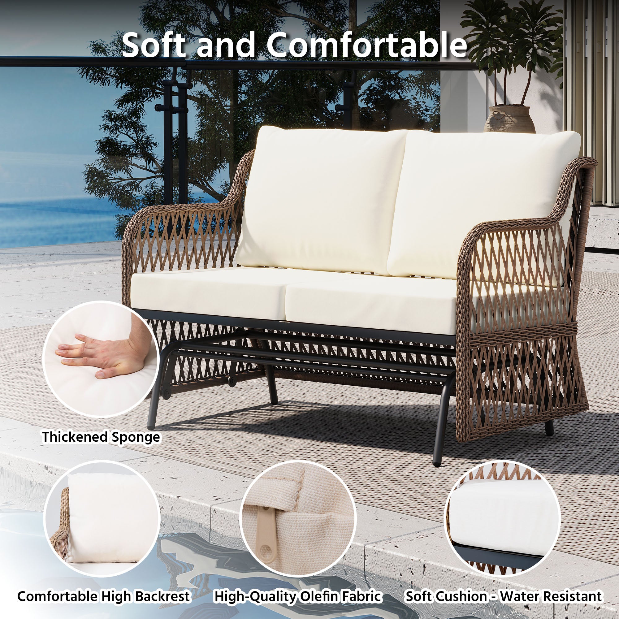 LAUSAINT HOME 2 Person Outdoor Ratten Patio Swing Glider with Cushion