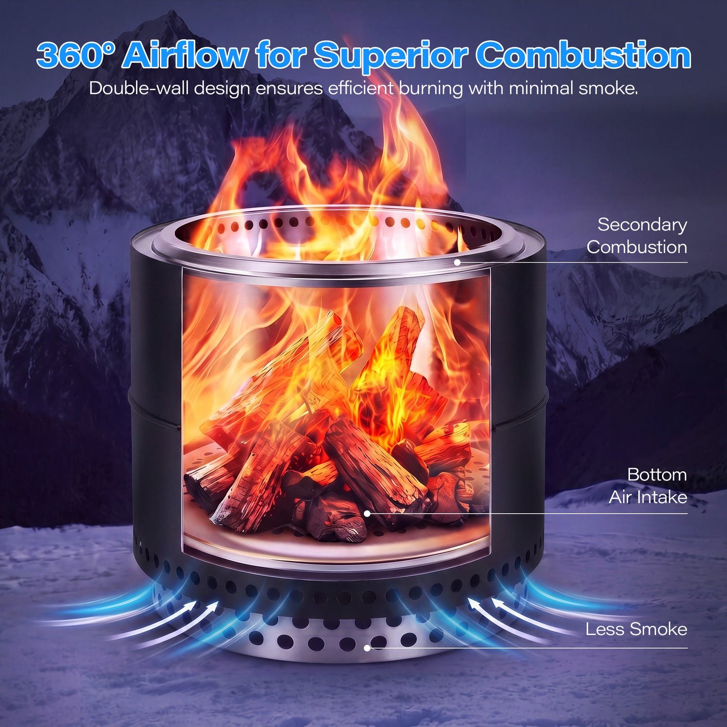Lausaint Home 20 Inch Smokeless Fire Pit, Outdoor Wood Burning Firepit with Grill Grate &amp; Stand