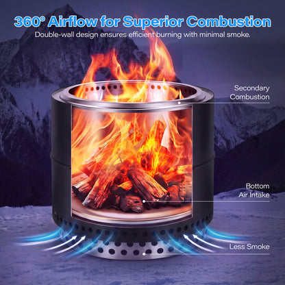 Lausaint Home 20 Inch Smokeless Fire Pit, Outdoor Wood Burning Firepit with Grill Grate &amp; Stand