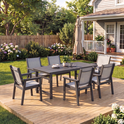 Lausaint Home 7-Piece Outdoor HDPE Dining Set with Textilene Chairs &amp; Umbrella Hole Table